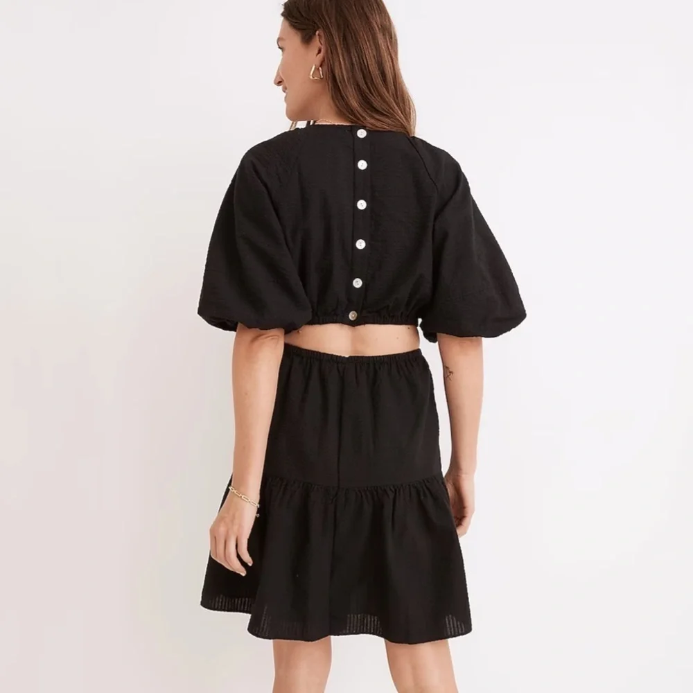 NWT Madewell Seersucker Puff-Sleeve Cutout Mini Dress in Black - Picture 6 of 10
